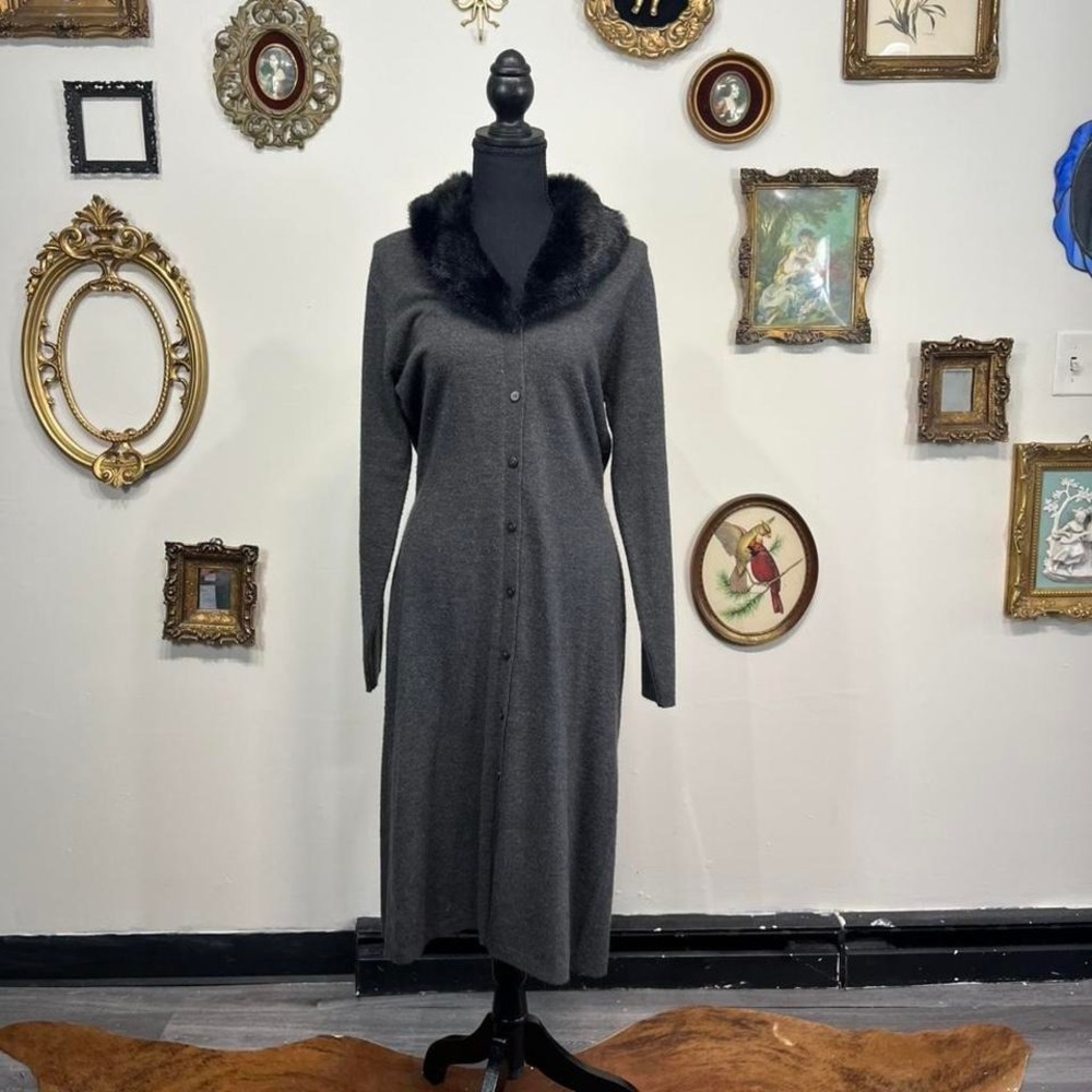 Vintage Y2K Cynthia & Co Gray Knit Faux Fur Collar Button-Up Midi Dress Size M